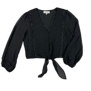 Wayf Blouse Top Womens Small Black Lace Trim Long Sleeve V Neck Button Front Tie